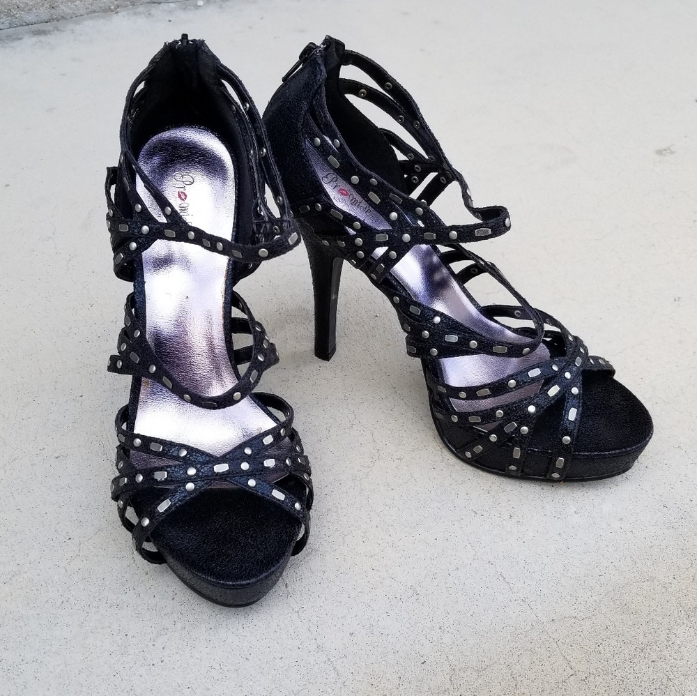 Black Platform Metal Studded Heels